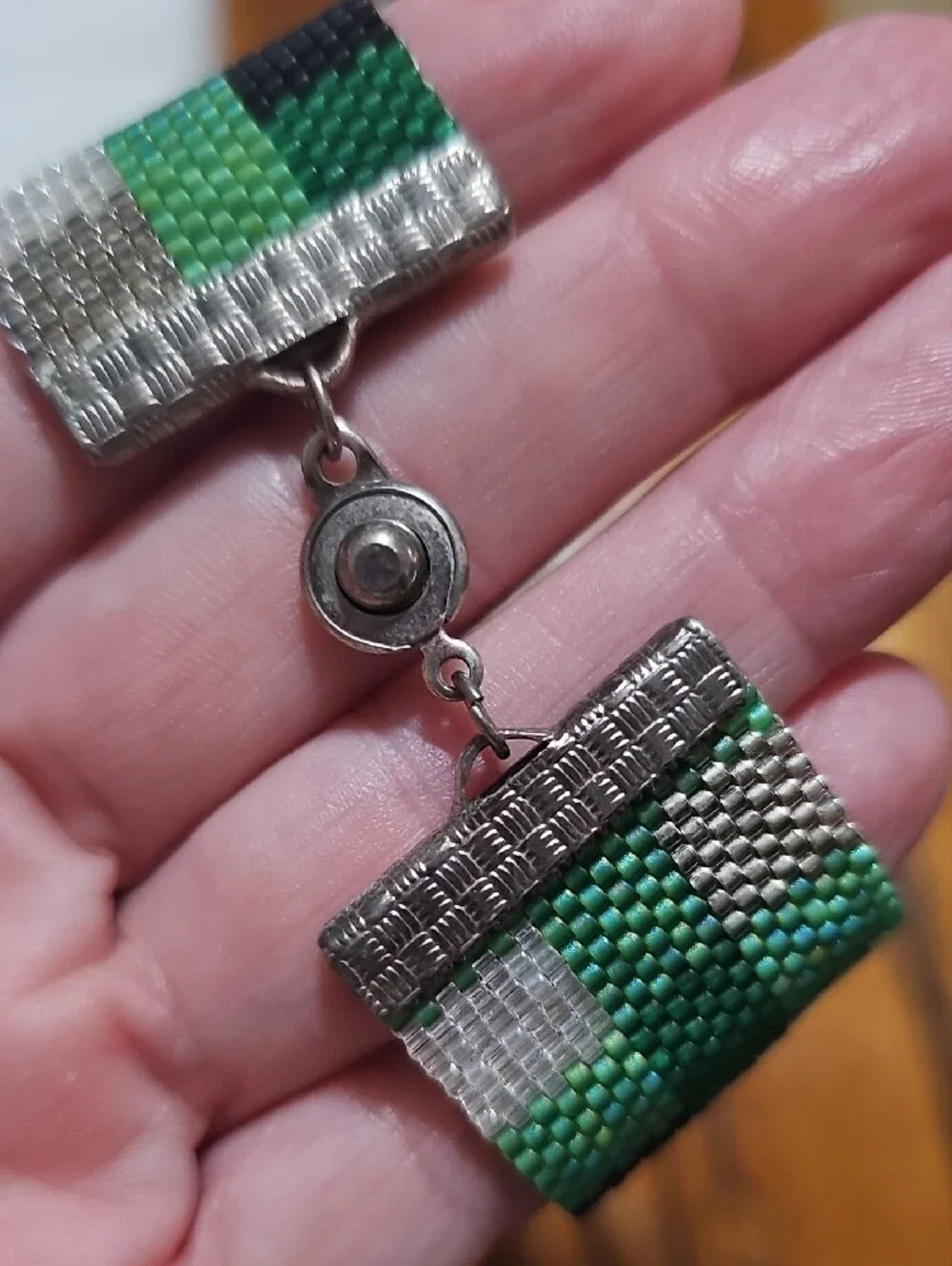 Green, Silver, and Black Handwoven Seed Bead Cuff Bracelet